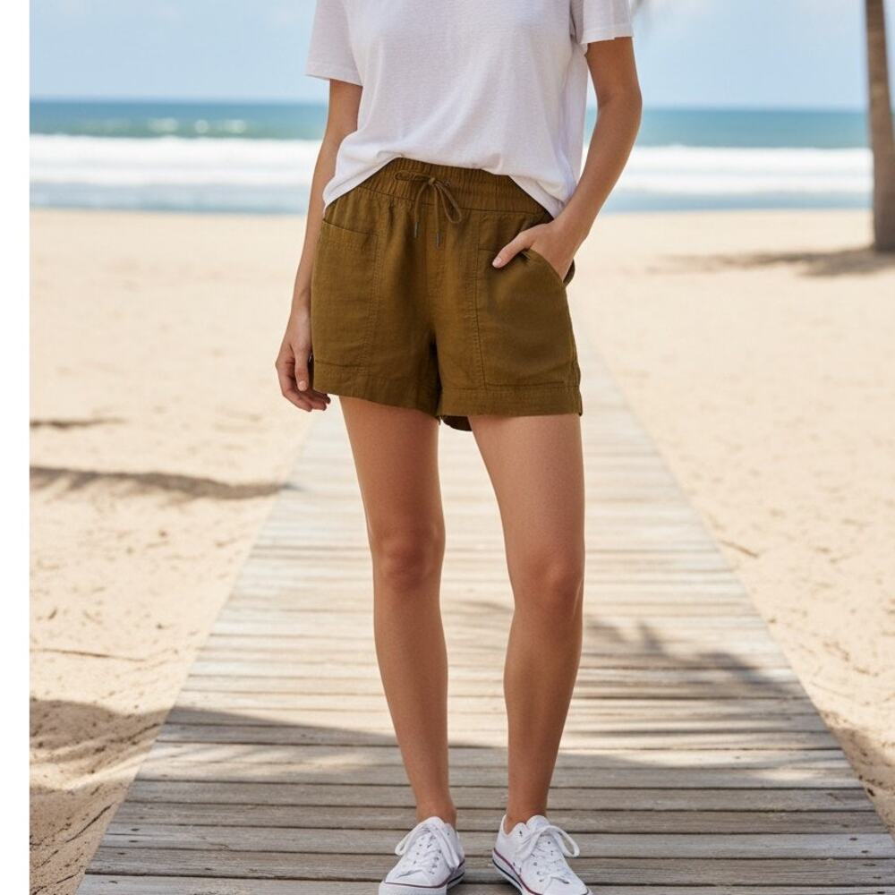 Athleta Cabo Linen 4" Short Smocked Elastic Waist Pull-On Shorts Olive Gold Sz 6
